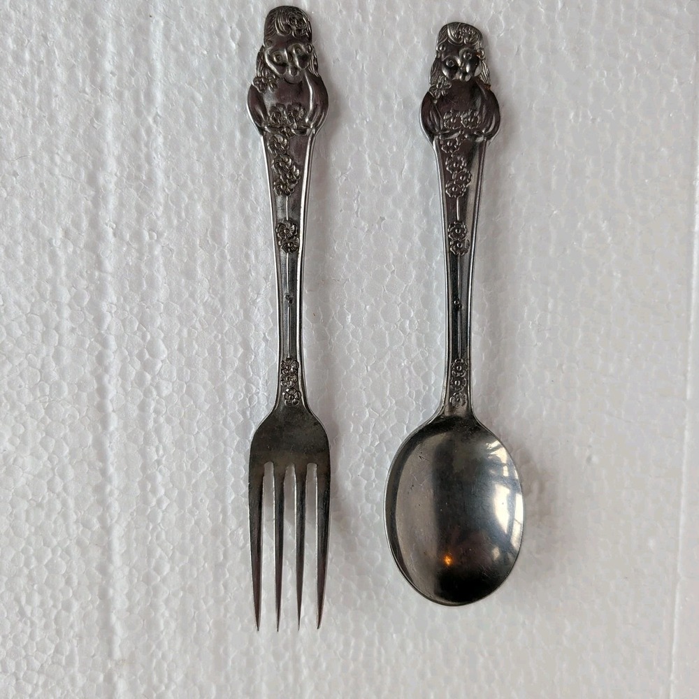 Vintage 1970s Japan Flower Girl Child Fork Spoon Set Youth Flatware Cute MCM - Picture 2 of 6